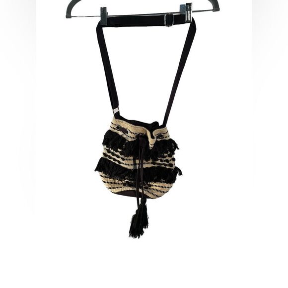 World Market Women’s Beige Black Boho Printed Striped Drawstring Bucket Bag - Picture 1 of 12